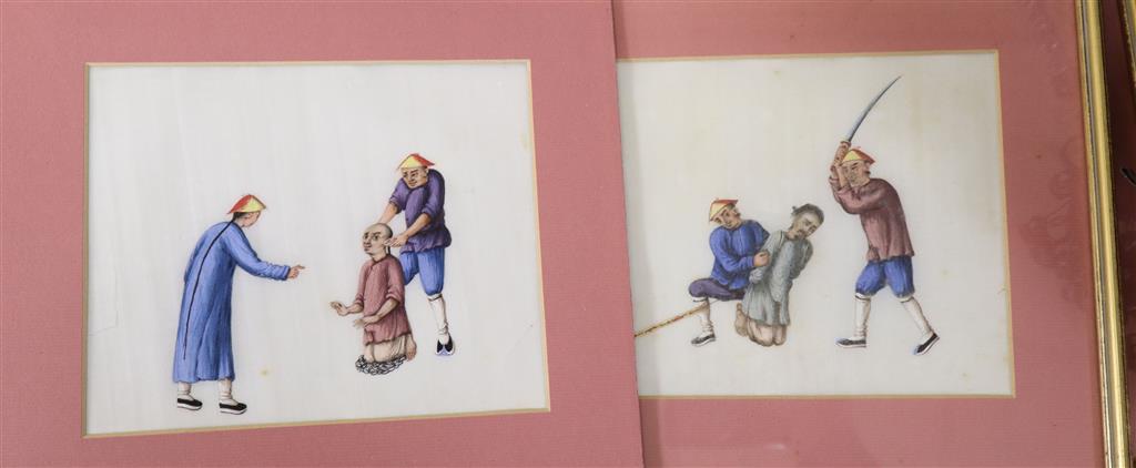 19th century Chinese School, three gouache on watercolour, Torture and execution scenes, 16 x 19cm